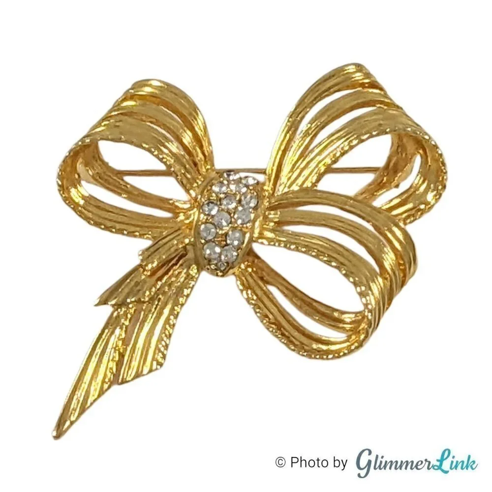 Vintage Gold Tone Triple Loop Bow Ribbon Rhinestones Brooch